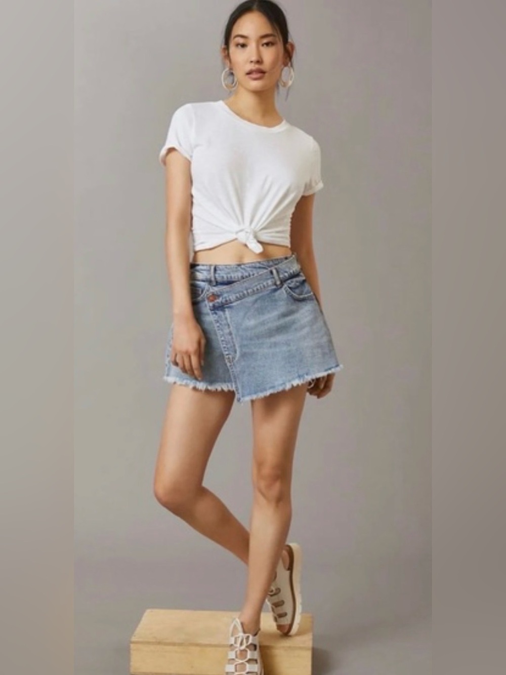 Anthropologie 31 Blue Denim Skort Asymmetric Mini Frayed Raw Hem Pockets Pilcro